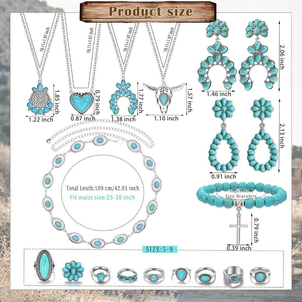 Turquoise Jewelry Set Women Western Boho Necklace Rings Earrings Bracelets - Picture 2 of 9